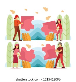 Vector illustration of people team work and success building puzzle, business search solutions together concept 