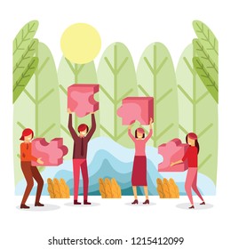 Vector illustration of people team work and success building puzzle, business search solutions together concept 