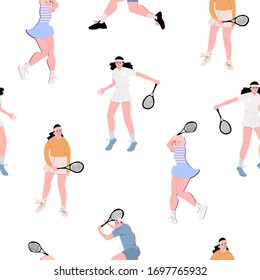 Vector illustration of people with a tennis racket in hands in a sports uniform. Hand-drawn guys play tennis and love sports isolated on a white background. Healthy lifestyle concept. Seamless pattern