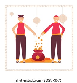 Vector illustration people throwing money to lucky bag full of money. Chinese new year 2022 year of the tiger red and gold background.