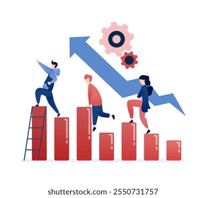 ilustração vetorial de Pessoas rastreando seu progresso com gráficos de barras, visualizando suas metas financeiras e de carreira, mostrando crescimento pessoal, sucesso e desenvolvimento profissional