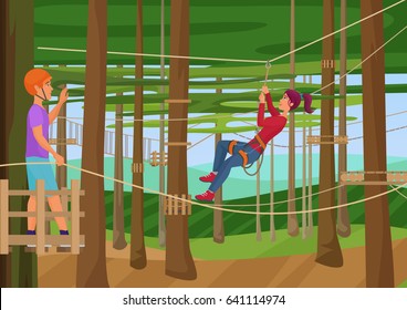 Vector illustration of the people training hiking on the ropes between trees. Rope park.