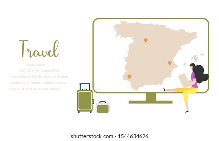 Vector illustration People traveling on vacation, explore route using device. Travel inscription, computer, navigation app with map and location pin, suitcases Design for web page, presentation, print
