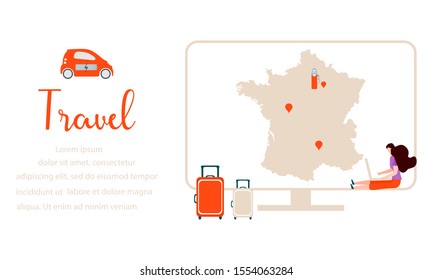 Vector illustration. People traveling on vacation, explore route using device. Travel inscription, computer, navigation app with map, location charging station, suitcases, electric car.