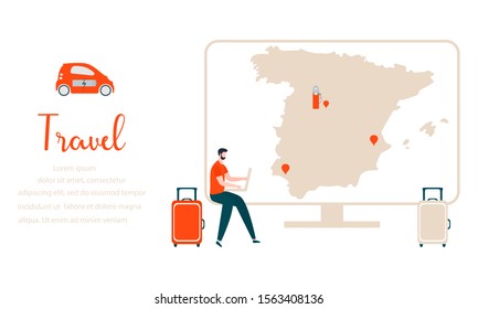 Vector illustration. People traveling on vacation, explore route using device. Travel inscription, computer, navigation app with map, location charging station, suitcases, electric car.