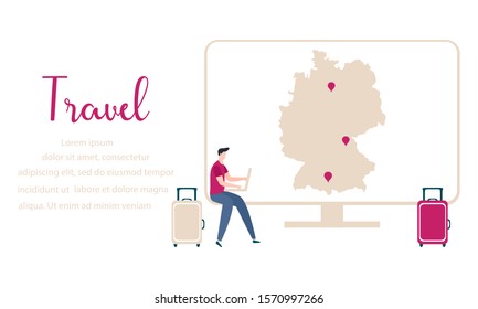 Vector illustration People traveling on vacation, explore route using device. Travel inscription, computer, navigation app with map and location pin, suitcases Design for web page, presentation, print