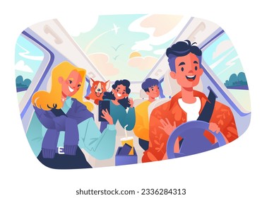 Vector illustration with people traveling on highways and country roads in their car. Couples and friends who smile at each other laughing together while traveling take cute selfies with their dog