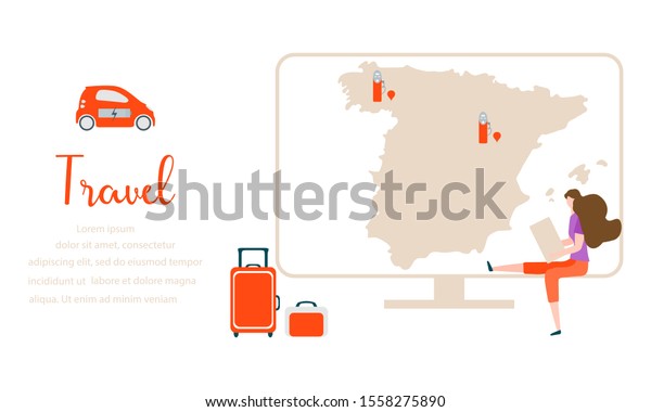 Vector illustration. People traveling on vacation,\
explore route using device. Travel inscription, computer,\
navigation app with map, location charging station, suitcases,\
electric car.