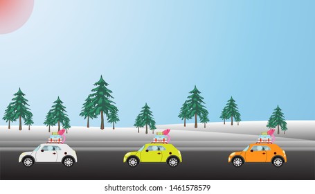 vector illustration people travelling by car on the road with beautiful snow in winter season  for background