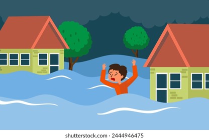 Vector illustration of people  trees and houses drowning in floods