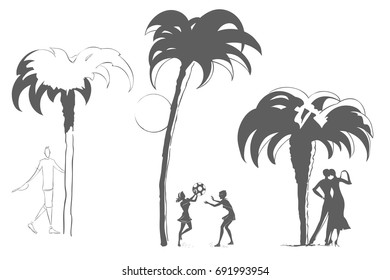 Vector illustration. People under palm trees. Rest by sea.
