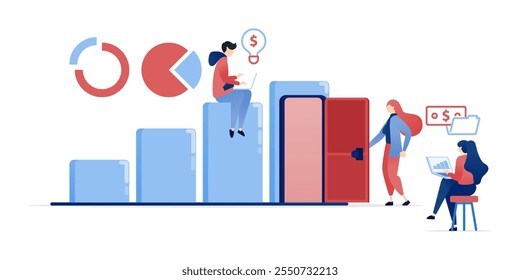 vector illustration of People unlock career and financial success by visualizing growth and opportunities, represented by a growing bar chart that symbolizes open doors to achievement