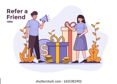 vector illustration people use megaphone to refer friend to join referral program marketing with gift box prize bonus and money bonus. refer a friend concept marketing. website banner ui homepage post