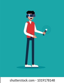 vector illustration. people use modern technology in everyday life. vector people draw digital art in virtual glasses, modern hipster interacts with a physical object with the help of vr device
