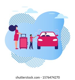 Vector Illustration People Use Taxi Service, Family Trip, Person Drives People, Hitchhiking On White Background. Mobile City Transportation. Cab Business Professional Driver Design For Websites, Print