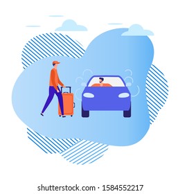Vector illustration People use taxi service, family trip, person drives people, hitchhiking on white background. Mobile city transportation. Cab business Professional driver Design for websites, print