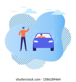 Vector illustration People use taxi service, family trip, person drives people, hitchhiking on white background. Mobile city transportation. Cab business Professional driver Design for websites, print
