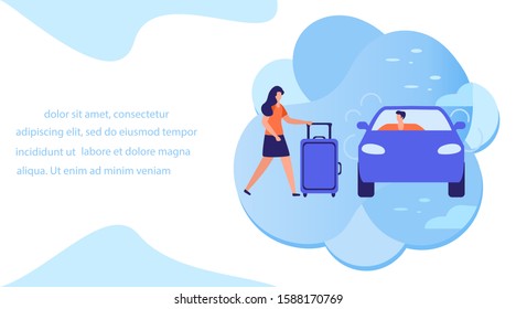 Vector illustration People use taxi service, family trip, person drives people, hitchhiking on white background. Mobile city transportation. Cab business Professional driver Design for websites, print