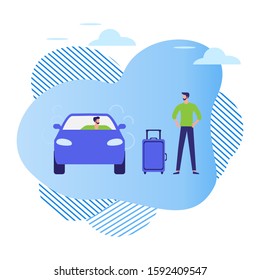 Vector illustration People use taxi service, family trip, person drives people, hitchhiking on white background. Mobile city transportation. Cab business Professional driver Design for websites, print