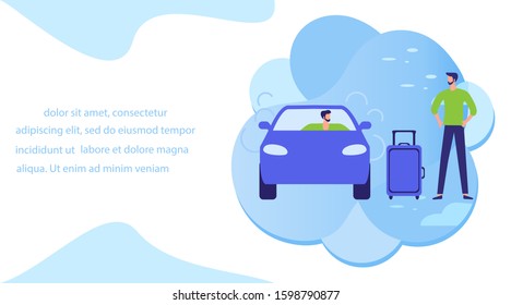Vector illustration People use taxi service, family trip, person drives people, hitchhiking on white background. Mobile city transportation. Cab business Professional driver Design for websites, print