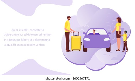 Vector illustration People use taxi service, family trip, person drives people, hitchhiking on white background. Mobile city transportation. Cab business Professional driver Design for websites, print