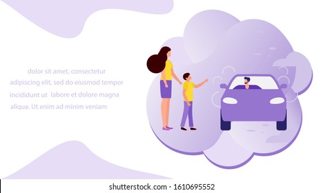 Vector illustration People use taxi service, family trip, person drives people, hitchhiking on white background. Mobile city transportation. Cab business Professional driver Design for websites, print