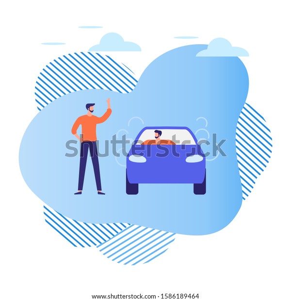 Vector illustration People use taxi\
service, family trip, person drives people, hitchhiking on white\
background. Mobile city transportation. Cab business Professional\
driver Design for websites,\
print