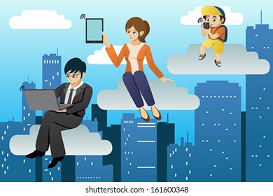 A vector illustration of people using different mobile device in clouds computing environment