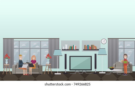 Vector illustration of people using laptops, digital tablet for social networking, online shopping, reading news etc. at home. Living room interior. Home Wi-Fi network concept. Flat style design.
