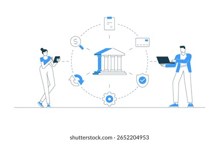 Ilustración vectorial de personas que utilizan App bancarios móviles en teléfonos inteligentes para pagos digitales, transferencias de dinero y finanzas en línea. Concepto de banca, tecnología, billetera y tarjeta de crédito en los negocios modernos.