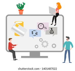 Vector illustration with people using online banking service. Growth of personal savings, profit and income. Finance. Use of banking technology. Design for websites, print, presentation.
