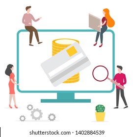 Vector illustration with people using online banking service. Growth of personal savings, profit and income. Finance. Use of banking technology. Design for websites, print, presentation.