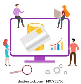 Vector illustration with people using online banking service. Growth of personal savings, profit and income. Finance. Use of banking technology. Design for websites, print, presentation.