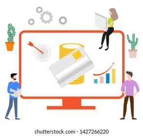 Vector illustration with people using online banking service. Growth of personal savings, profit and income. Finance. Use of banking technology. Design for websites, print, presentation.