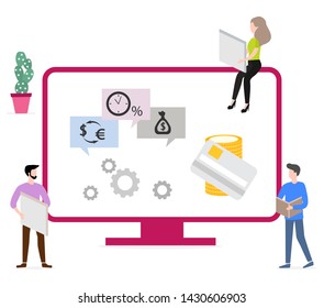 Vector illustration with people using online banking service. Growth of personal savings, profit and income. Finance. Use of banking technology. Design for websites, print, presentation.