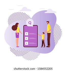 Vector illustration with people using service for choosing organization, store, restaurant, determining its location in the application on phone on white background. Design for websites, print