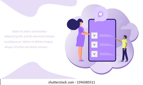 Vector illustration with people using service for choosing organization, store, restaurant, determining its location in the application on phone on white background. Design for websites, print