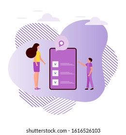 Vector illustration with people using service for choosing organization, store, restaurant, determining its location in the application on phone on white background. Design for websites, print