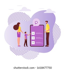 Vector illustration with people using service for choosing organization, store, restaurant, determining its location in the application on phone on white background. Design for websites, print