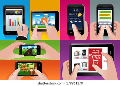 A vector illustration of people using tablet and cell phones