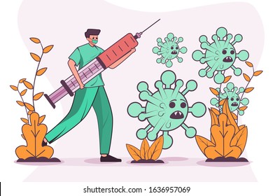 vector illustration people with vaccine for coronavirus 2019-nCoV. coronavirus medical vaccine syringe injection.  treatment. stop corona virus. fight corona virus. defend from corona virus.