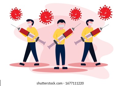 vector illustration people with vaccine for coronavirus. coronavirus medical vaccine syringe injection. treatment. stop corona virus. fight corona virus. defend from corona virus.