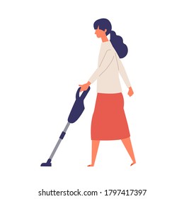 Vector illustration of people vacuuming the room. People doing housework.  Stay at home concept.