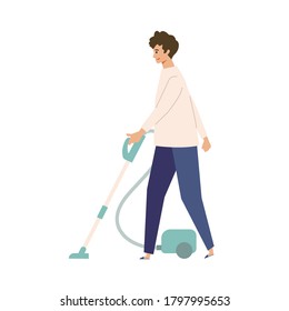 Vector illustration of people vacuuming the room. People doing housework.  Stay at home concept.