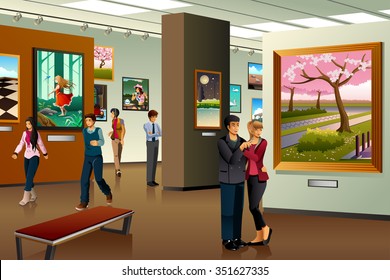 A Vector Illustration Of People Visiting An Art Gallery