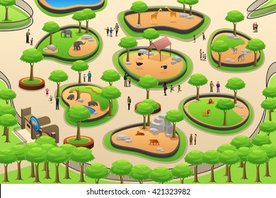 A vector illustration of people visiting a zoo