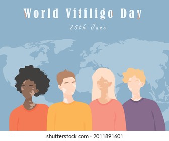 Vector Illustration of people with vitiligo, men and women of different nations with vitiligo. Poster for World vitiligo day, 25 June.