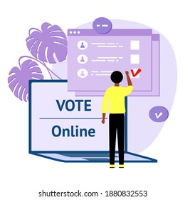 Vector Illustration People Vote Online For Candidate On Laptop Election Campaign Online Choices Political Competition Presidential Election Concept Of Online Voting, E-voting, Election Internet System