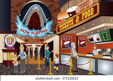 A vector illustration of people waiting to buy tickets in a movie theater