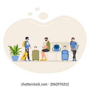 Vector illustration People waiting for departure Suitcases Vacation Tourist Travel lifestyle Business trip Airport Luggage Baggage Summer time Holiday Concept Travel agency Booking service Covid-19